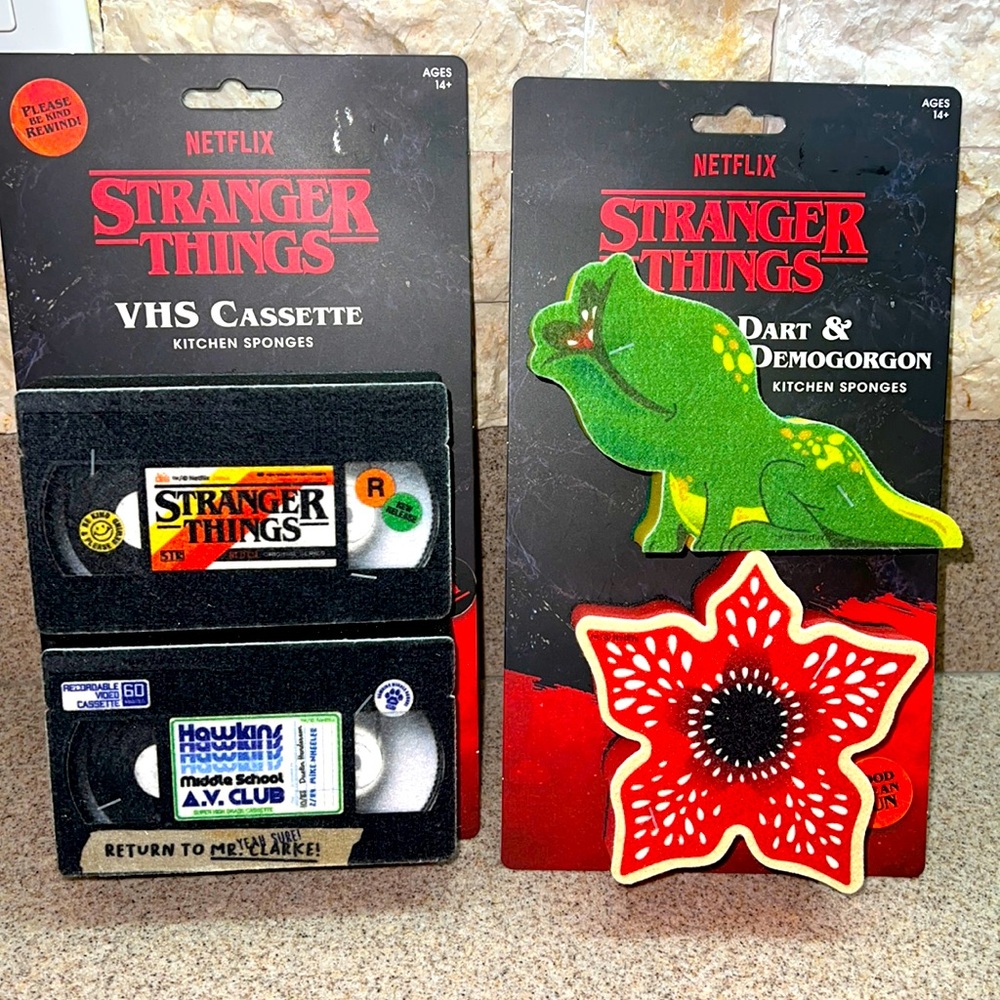 Lot of 2 pkg of Stranger Things Kitchen Sponges Dart+Demogorgon & VHS Cassettes